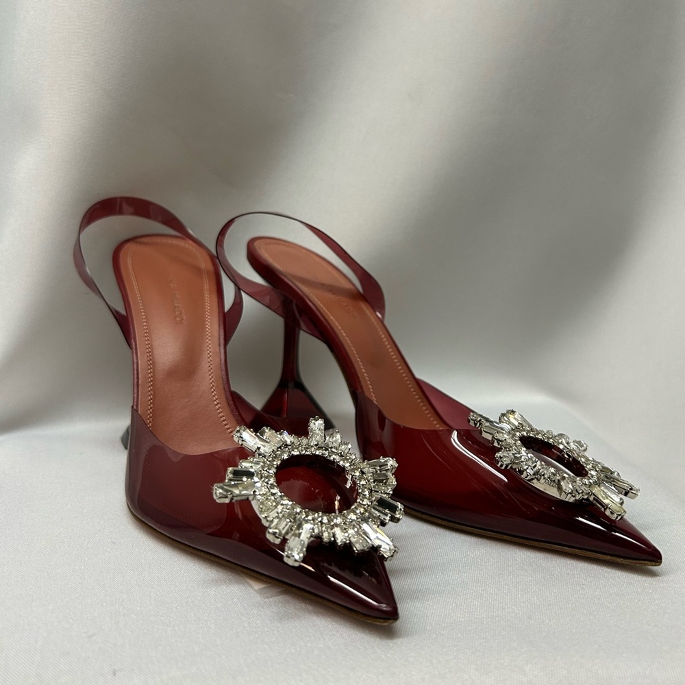 Amina Muaddi Burgundy Heels with Crystal Detail
